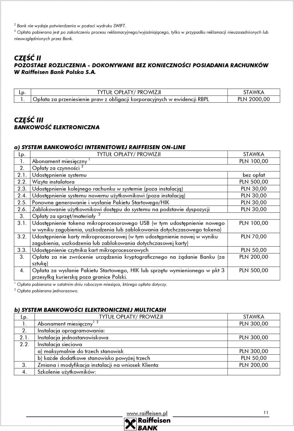 CZĘŚĆ II POZOSTAŁE ROZLICZENIA - DOKONYWANE BEZ KONIECZNOŚCI POSIADANIA RACHUNKÓW W Raiffeisen Bank Polska S.A. 1.