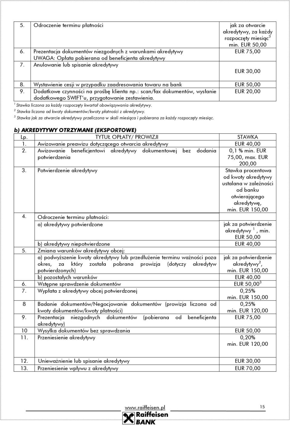 Wystawienie cesji w przypadku zaadresowania towaru na bank EUR 50,00 9. Dodatkowe czynności na prośbę klienta np.