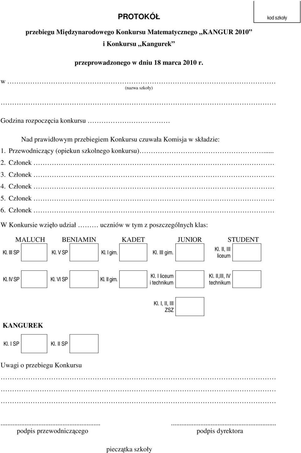 Członek 5. Członek 6. Członek W Konkursie wzięło udział uczniów w tym z poszczególnych klas: MALUCH BENIAMIN KADET JUNIOR STUDENT Kl. III SP Kl. V SP Kl. I gim. Kl. III gim. Kl. II, III liceum Kl.