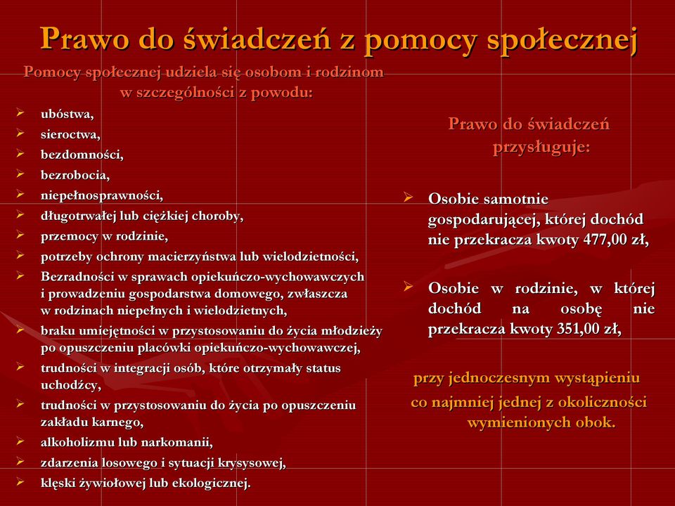 niepełnych i wielodzietnych, braku umiejętności w przystosowaniu do życia młodzieży po opuszczeniu placówki opiekuńczo-wychowawczej, trudności w integracji osób, które otrzymały status uchodźcy,