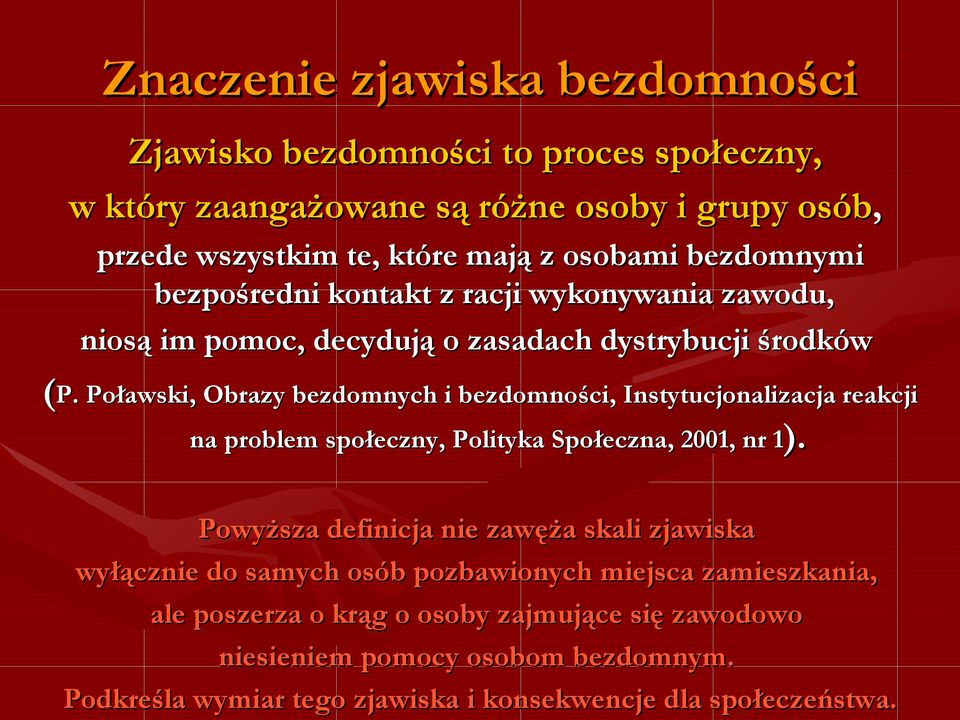 Poławski, Obrazy bezdomnych i bezdomności, Instytucjonalizacja reakcji na problem społeczny, Polityka Społeczna, 2001, nr 1).