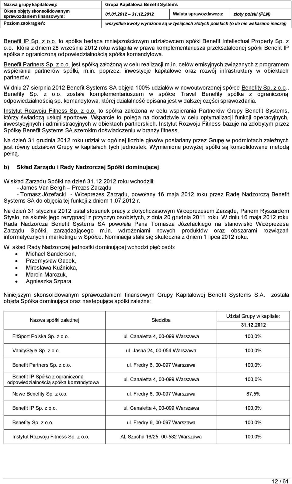 W dniu 27 sierpnia 2012 Benefit Systems SA objęła 100% udziałów w nowoutworzonej spółce Benefity Sp. z o.o.. Benefity Sp. z o.o. została komplementariuszem w spółce Travel Benefity spółka z ograniczoną odpowiedzialnością sp.