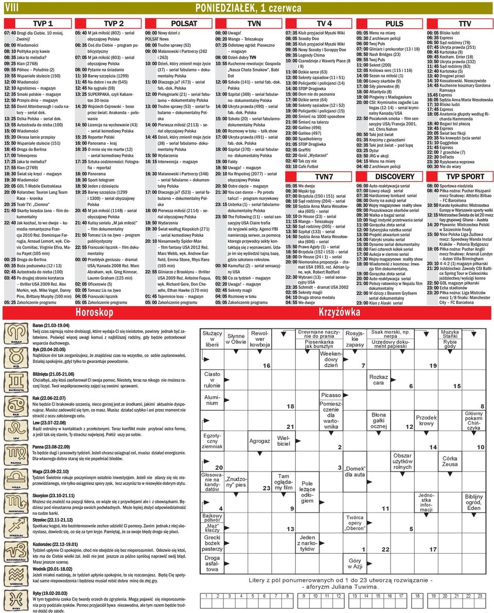 serial dok. 13: 25 Dzika serial dok. 13: 55 Autostrada do nieba (100) 15: 00 Wiadomości 15: 20 Okrasa łamie przepisy 15: 50 Wspaniałe stulecie (151) 16: 45 Droga do Berlina 17: 25 Jaka to melodia?