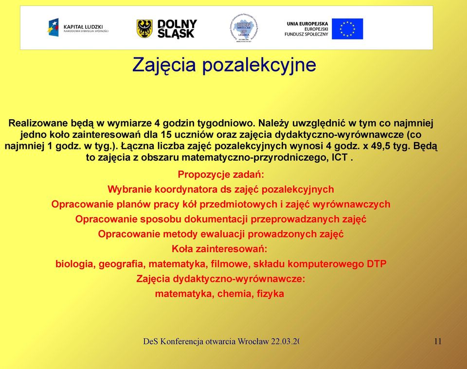 Łączna liczba zajęć pozalekcyjnych wynosi 4 godz. x 49,5 tyg. Będą to zajęcia z obszaru matematyczno-przyrodniczego, ICT.