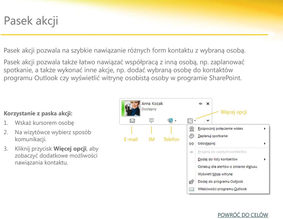 dodać wybraną osobę do kontaktów programu Outlook czy wyświetlić witrynę osobistą osoby w programie SharePoint.