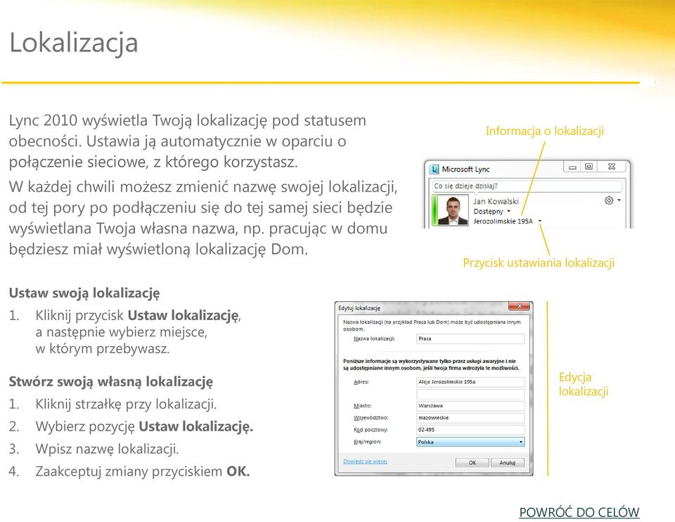 pracując w domu będziesz miał wyświetloną lokalizację Dom. Informacja o lokalizacji Przycisk ustawiania lokalizacji Ustaw swoją lokalizację 1.