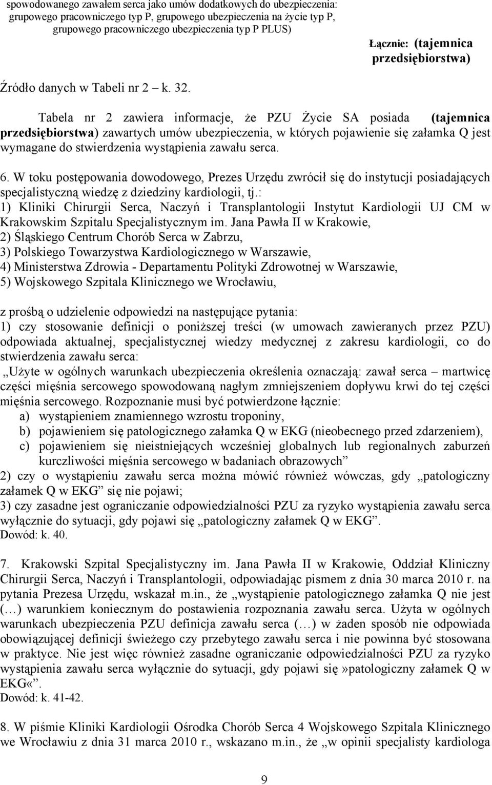 Tabela nr 2 zawiera informacje, że PZU Życie SA posiada (tajemnica przedsiębiorstwa) zawartych umów ubezpieczenia, w których pojawienie się załamka Q jest wymagane do stwierdzenia wystąpienia zawału