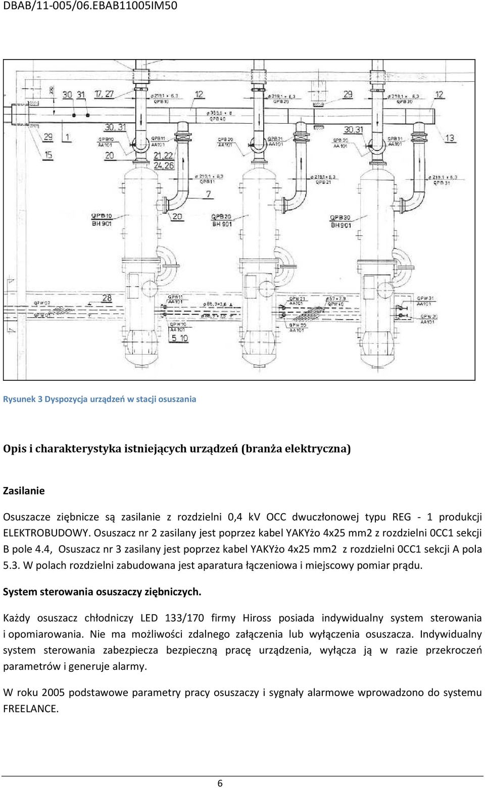 4, Osuszacz nr 3 zasilany jest poprzez kabel YAKYżo 4x25 mm2 z rozdzielni 0CC1 sekcji A pola 5.3. W polach rozdzielni zabudowana jest aparatura łączeniowa i miejscowy pomiar prądu.