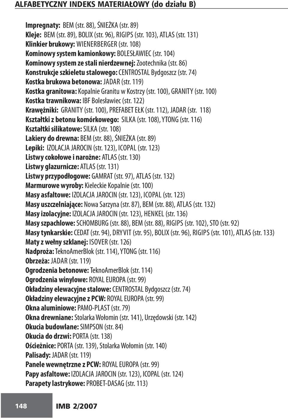 86) Konstrukcje szkieletu stalowego: CENTROSTAL Bydgoszcz (str. 74) Kostka brukowa betonowa: JADAR (str. 119) Kostka granitowa: Kopalnie Granitu w Kostrzy (str. 100), GRANITY (str.