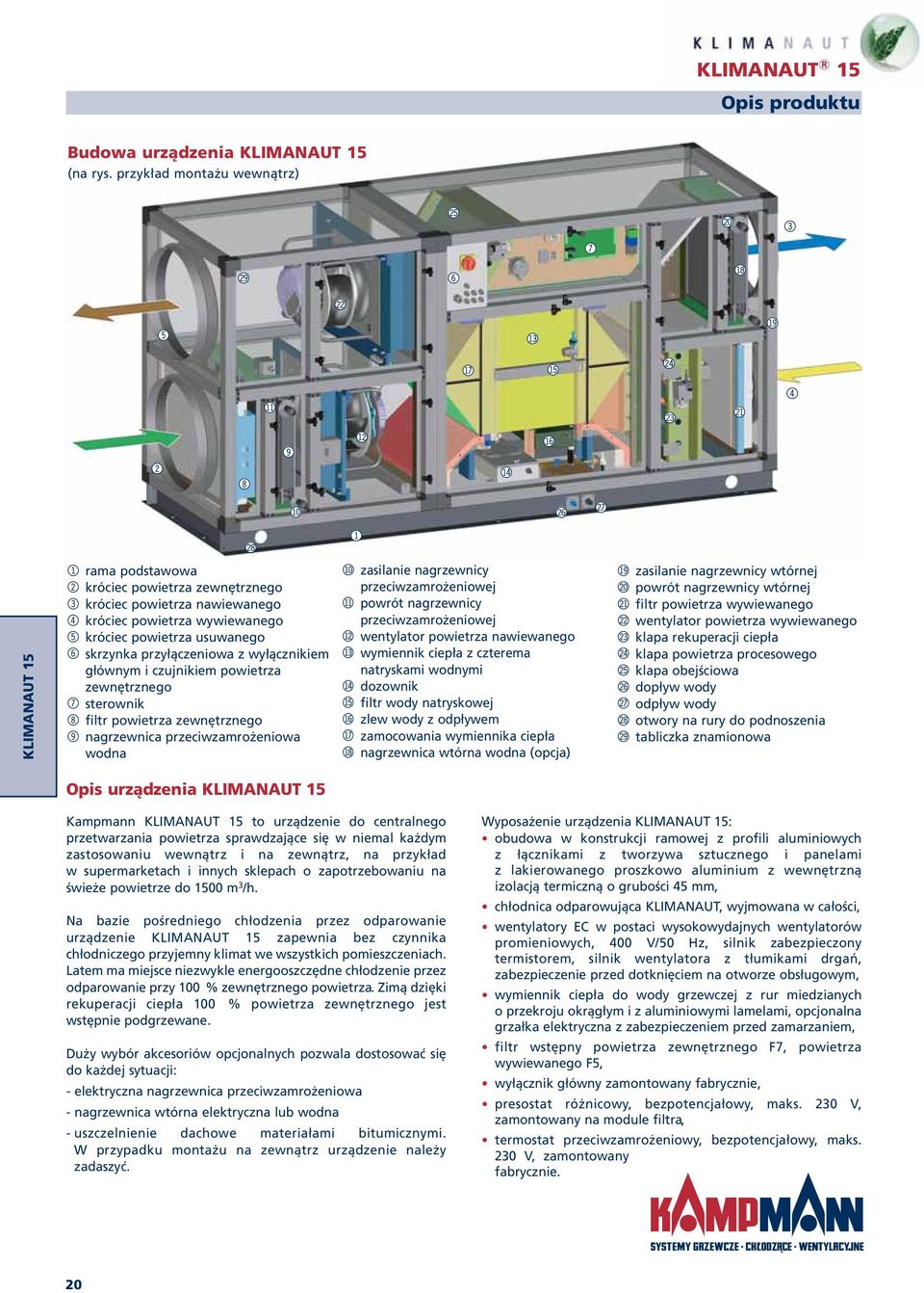 skrzynka przyłączeniowa z wyłącznikiem głównym i czujnikiem powietrza zewnętrznego 7 sterownik 8 filtr powietrza zewnętrznego 9 nagrzewnica przeciwzamrożeniowa wodna Opis urządzenia KLIMANAUT 15 cn