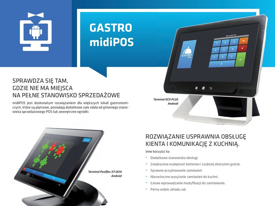 Terminal ECO PLUS Android Terminal Posiflex XT-2614 Android ROZWIĄZANIE USPRAWNIA OBSŁUGĘ KIENTA I KOMUNIKACJĘ Z KUCHNIĄ.