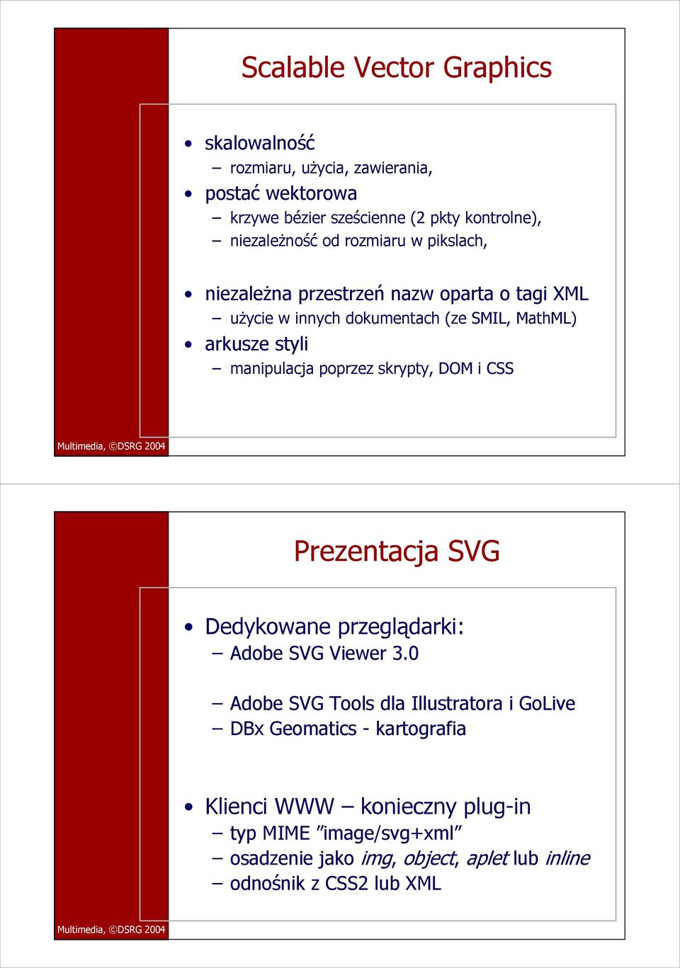 styli manipulacja poprzez skrypty, DOM i CSS Prezentacja SVG Dedykowane przeglądarki: Adobe SVG Viewer 3.