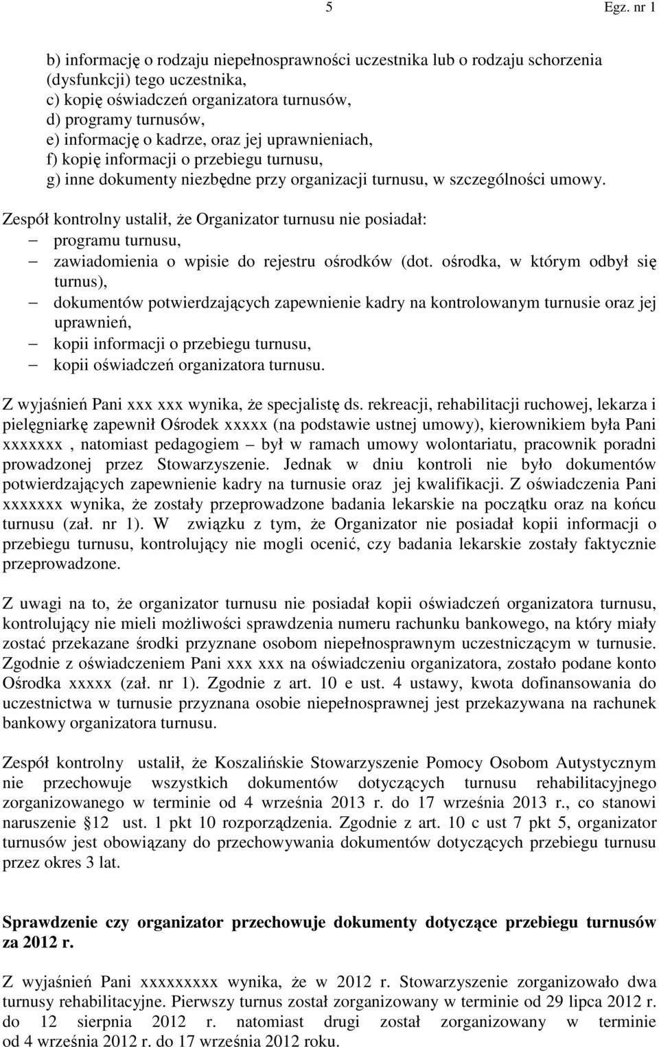 Zespół kontrolny ustalił, że Organizator turnusu nie posiadał: programu turnusu, zawiadomienia o wpisie do rejestru ośrodków (dot.