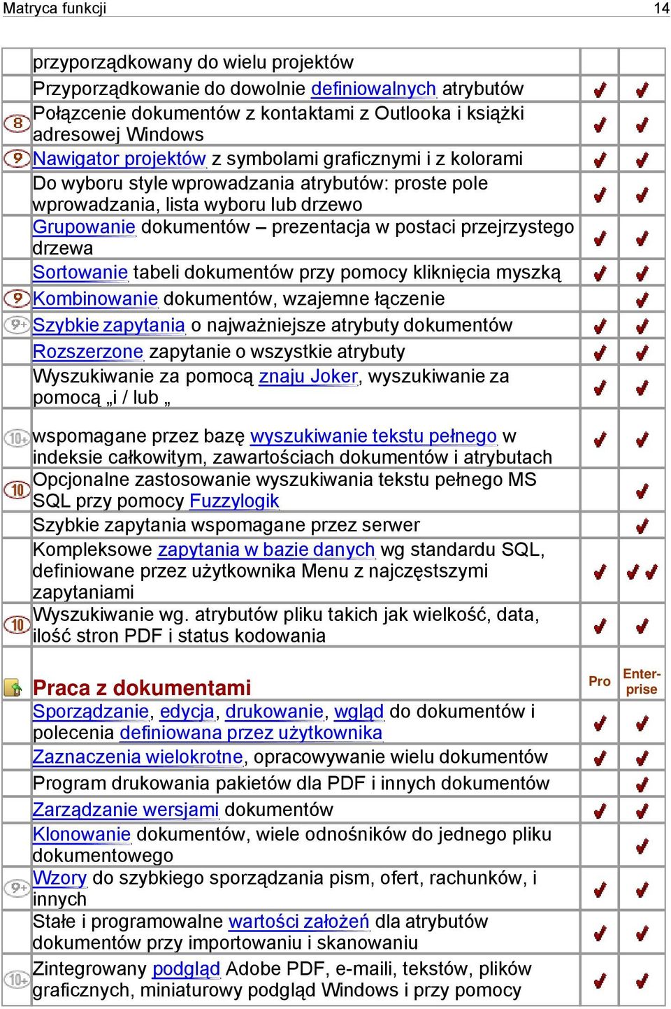 drzewa Sortowanie tabeli dokumentów przy pomocy kliknięcia myszką Kombinowanie dokumentów, wzajemne łączenie Szybkie zapytania o najważniejsze atrybuty dokumentów Rozszerzone zapytanie o wszystkie