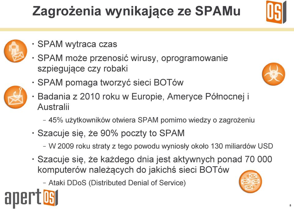 zagrożeniu Szacuje się, że 90% poczty to SPAM W 2009 roku straty z tego powodu wyniosły około 130 miliardów USD Szacuje się, że