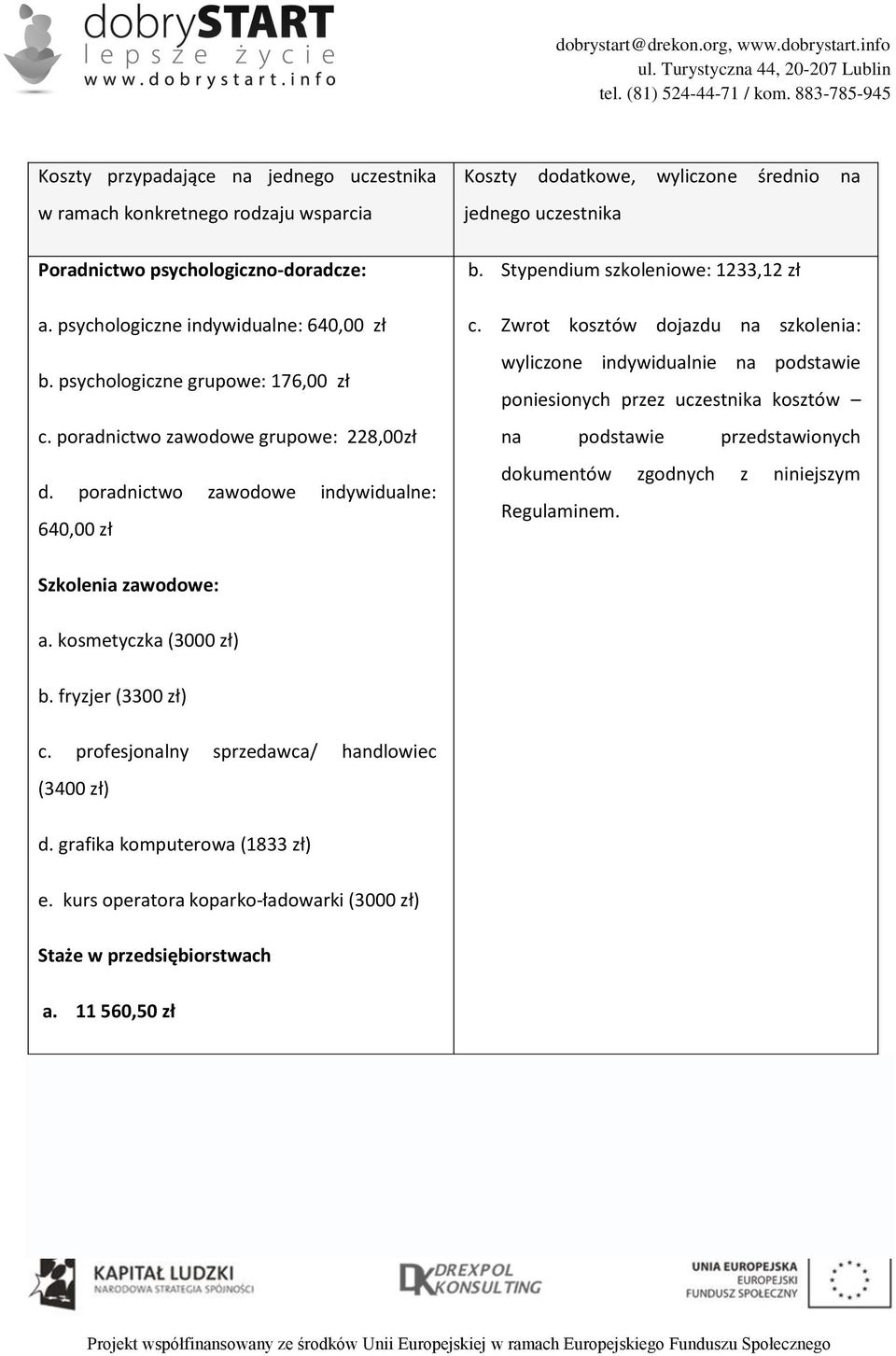 Zwrot kosztów dojazdu na szkolenia: wyliczone indywidualnie na podstawie poniesionych przez uczestnika kosztów na podstawie przedstawionych dokumentów zgodnych z niniejszym Regulaminem.