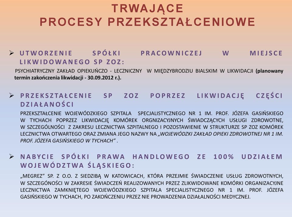 P R Z E K S Z TA Ł C E N I E SP Z O Z P O P R Z E Z L I K W I D A C J Ę C Z Ę Ś C I D Z I A Ł A N O Ś C I PRZEKSZTAŁCENIE WOJEWÓDZKIEGO SZPITALA SPECJALISTYCZNEGO NR 1 IM. PROF.