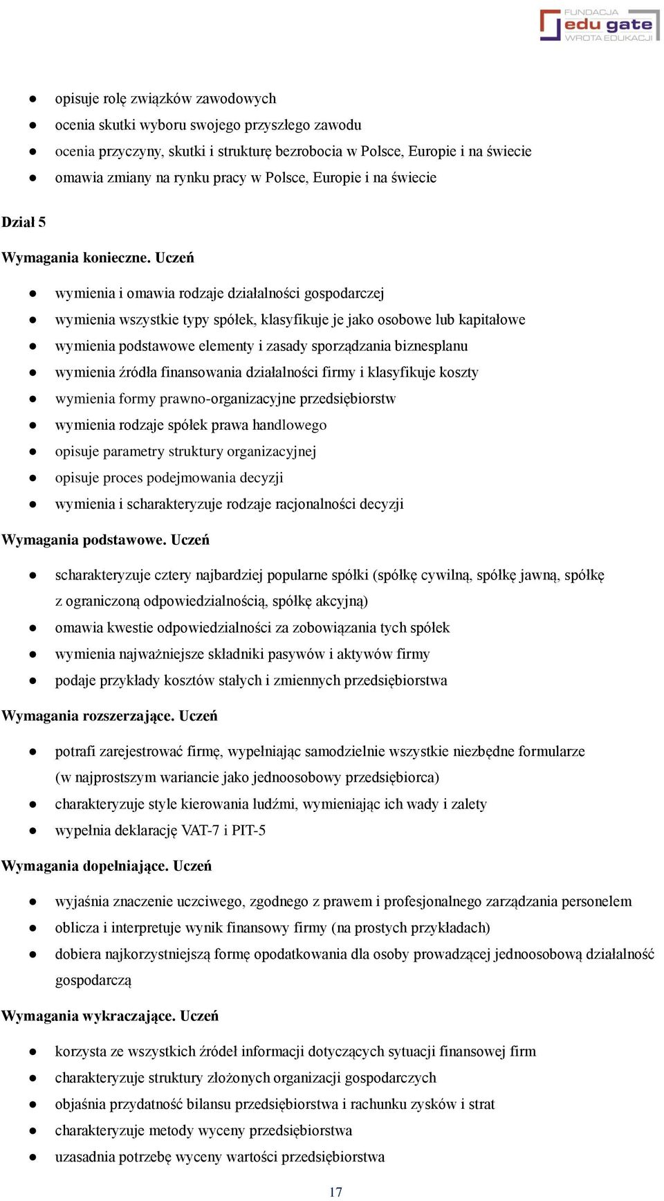 Uczeń wymienia i omawia rodzaje działalności gospodarczej wymienia wszystkie typy spółek, klasyfikuje je jako osobowe lub kapitałowe wymienia podstawowe elementy i zasady sporządzania biznesplanu