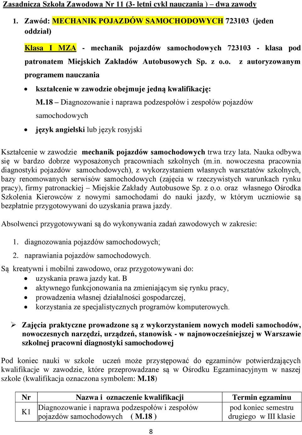 18 Diagnozowanie i naprawa podzespołów i zespołów pojazdów samochodowych język angielski lub język rosyjski z autoryzowanym Kształcenie w zawodzie mechanik pojazdów samochodowych trwa trzy lata.