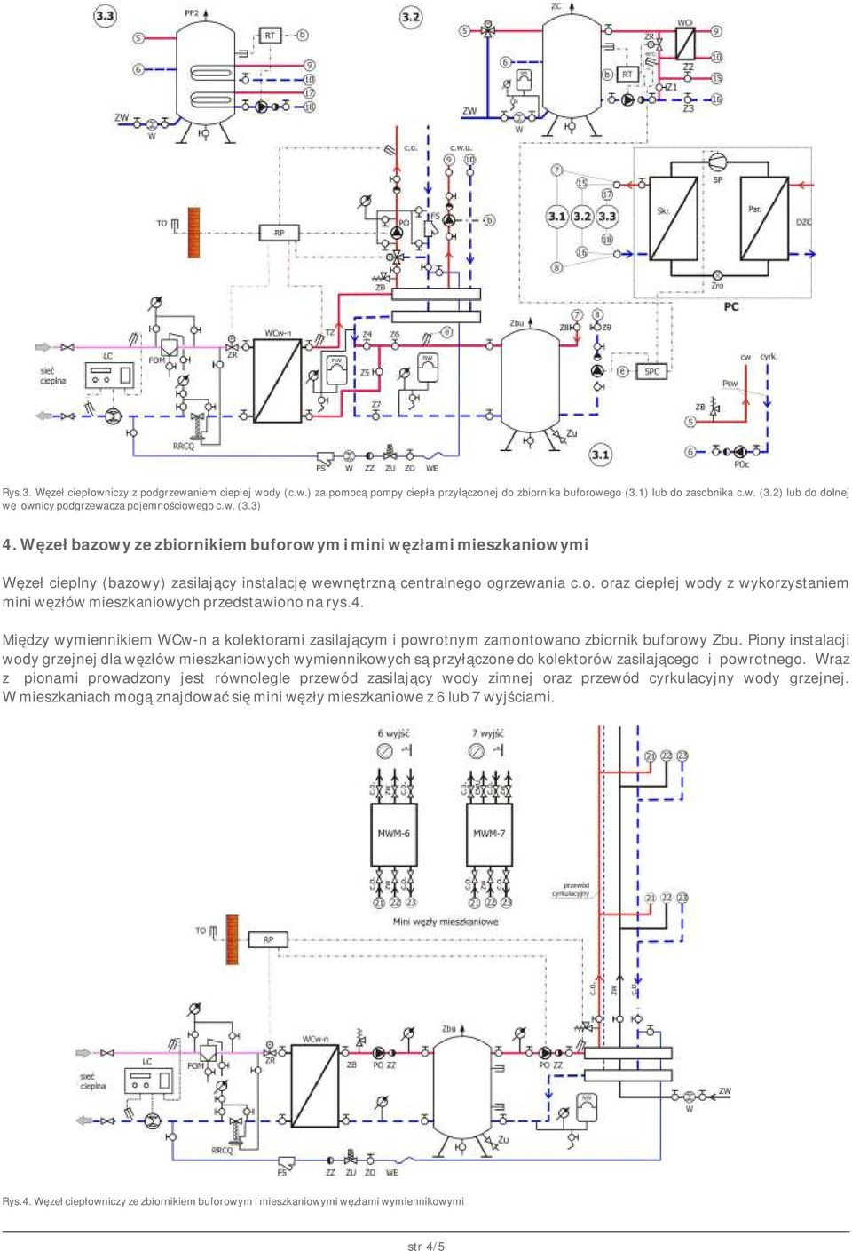 4. Między wymiennikiem WCw-n a kolektorami zasilającym i powrotnym zamontowano zbiornik buforowy Zbu.