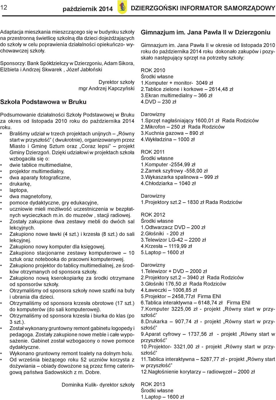 Sponsorzy: Bank Spółdzielczy w Dzierzgoniu, Adam Sikora, Elżbieta i Andrzej Skwarek, Józef Jabłoński Szkoła Podstawowa w Bruku Dyrektor szkoły mgr Andrzej Kapczyński Podsumowanie działalności Szkoły