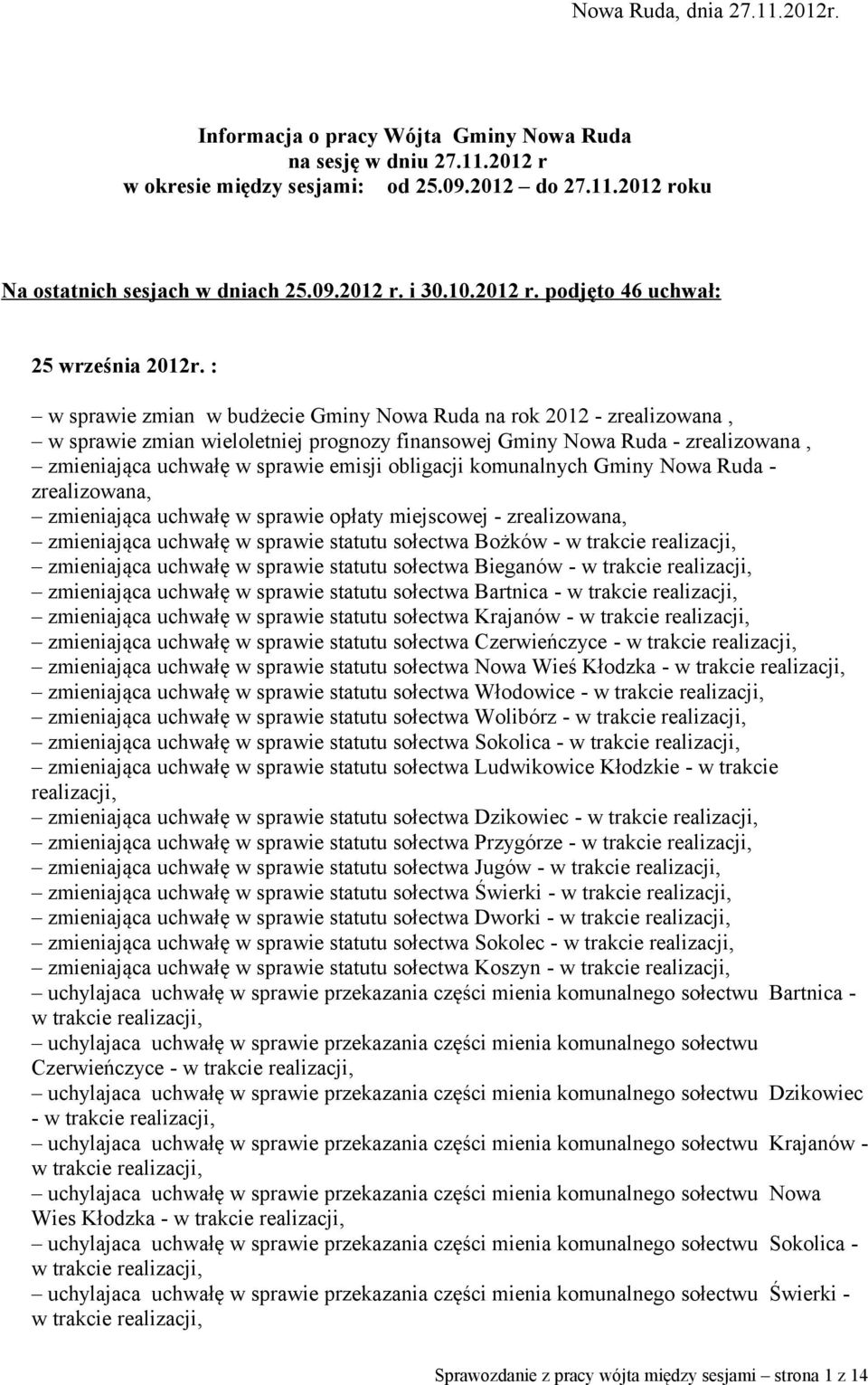 : w sprawie zmian w budżecie Gminy Nowa Ruda na rok 2012 - zrealizowana, w sprawie zmian wieloletniej prognozy finansowej Gminy Nowa Ruda - zrealizowana, zmieniająca uchwałę w sprawie emisji