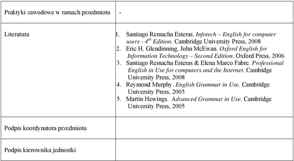 Santiago Remacha Esteras & Elena Marco Fabre. Professional English in Use for computers and the Internet. Cambidge University Press, 2008. Reymond Murphy.