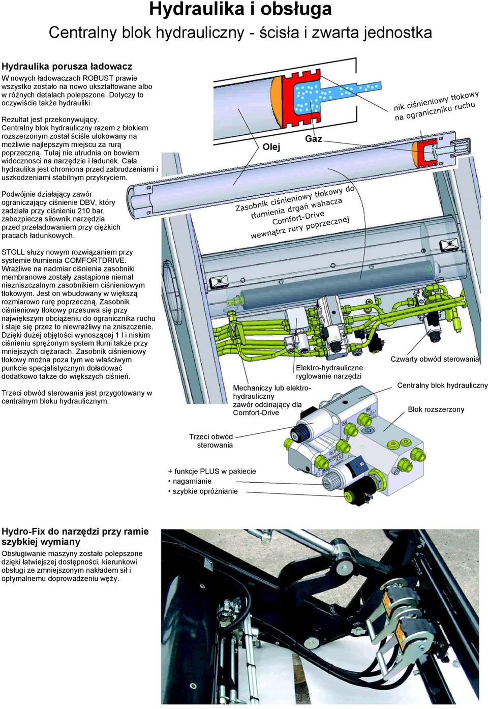 Centralny blok hydrauliczny razem z blokiem rozszerzonym został ściśle ulokowany na możliwie najlepszym miejscu za rurą poprzeczną. Tutaj nie utrudnia on bowiem widocznosci na narzędzie i ładunek.