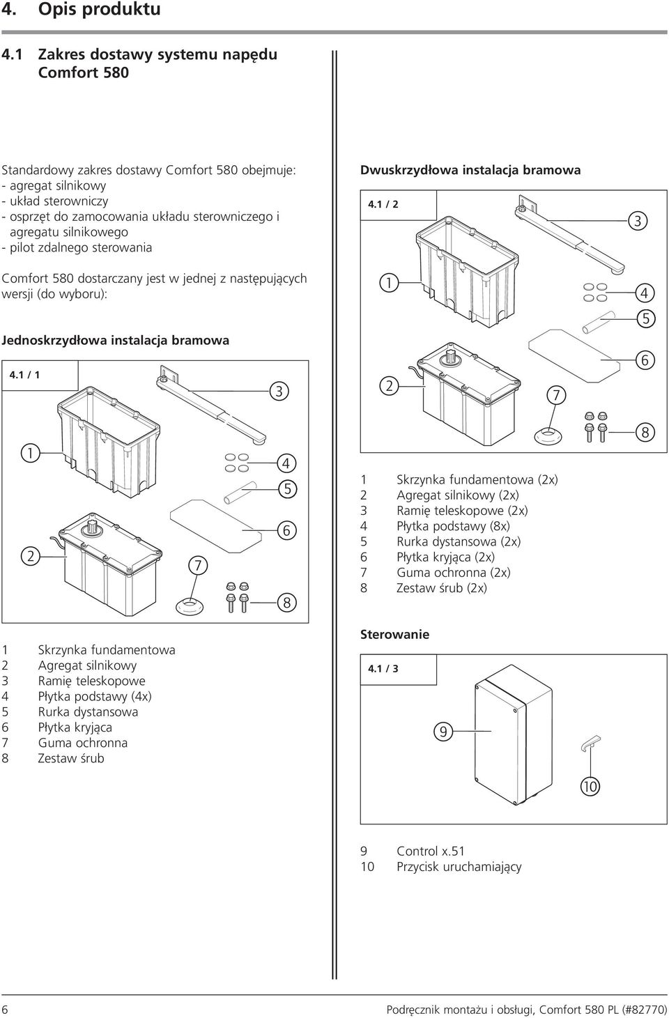 silnikowego - pilot zdalnego sterowania Dwuskrzydłowa instalacja bramowa 4.1 / 2 3 Comfort 580 dostarczany jest w jednej z następujących wersji (do wyboru): 1 4 5 Jednoskrzydłowa instalacja bramowa 4.