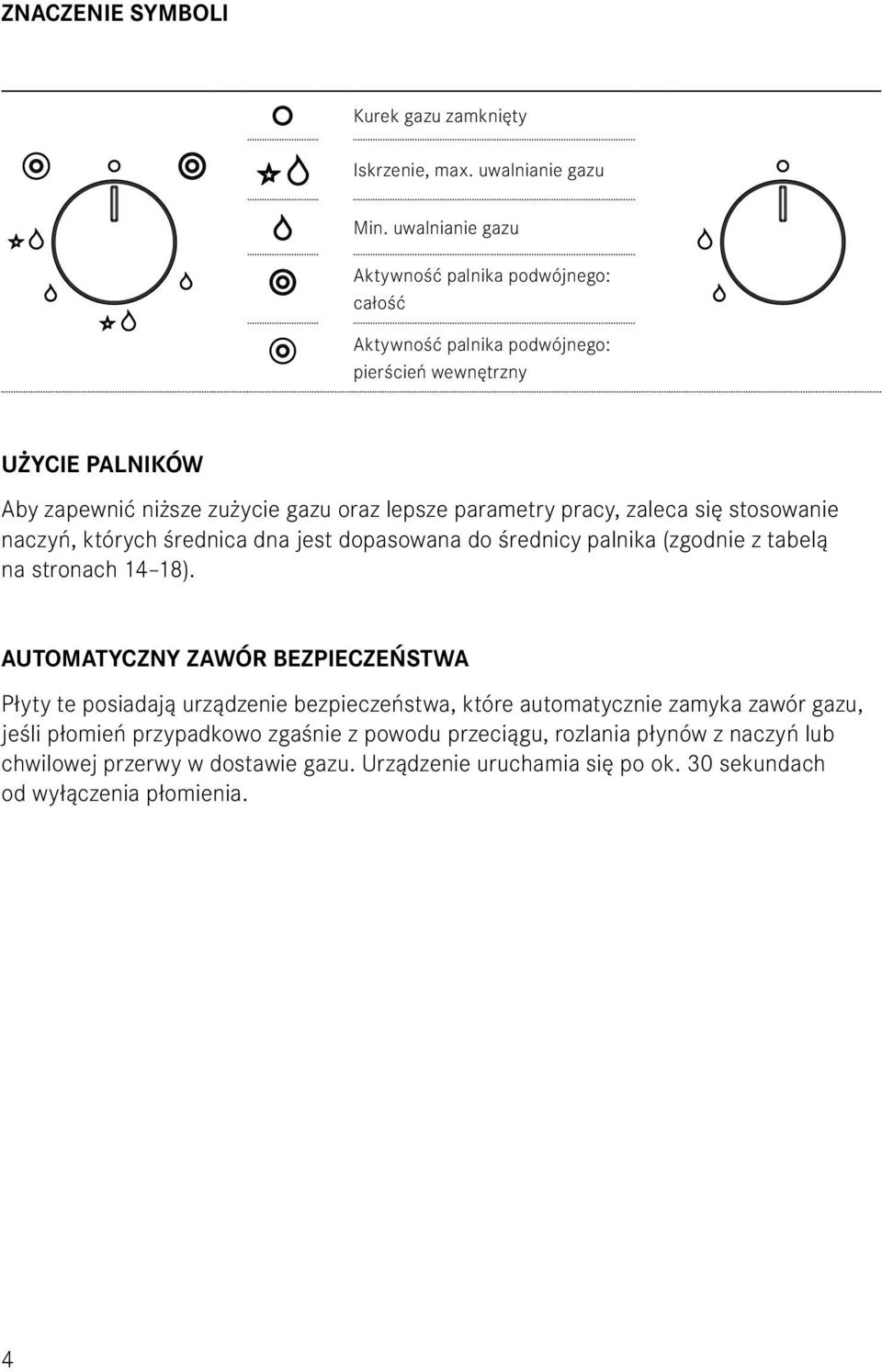 parametry pracy, zaleca się stosowanie naczyń, których średnica dna jest dopasowana do średnicy palnika (zgodnie z tabelą na stronach 14 18).