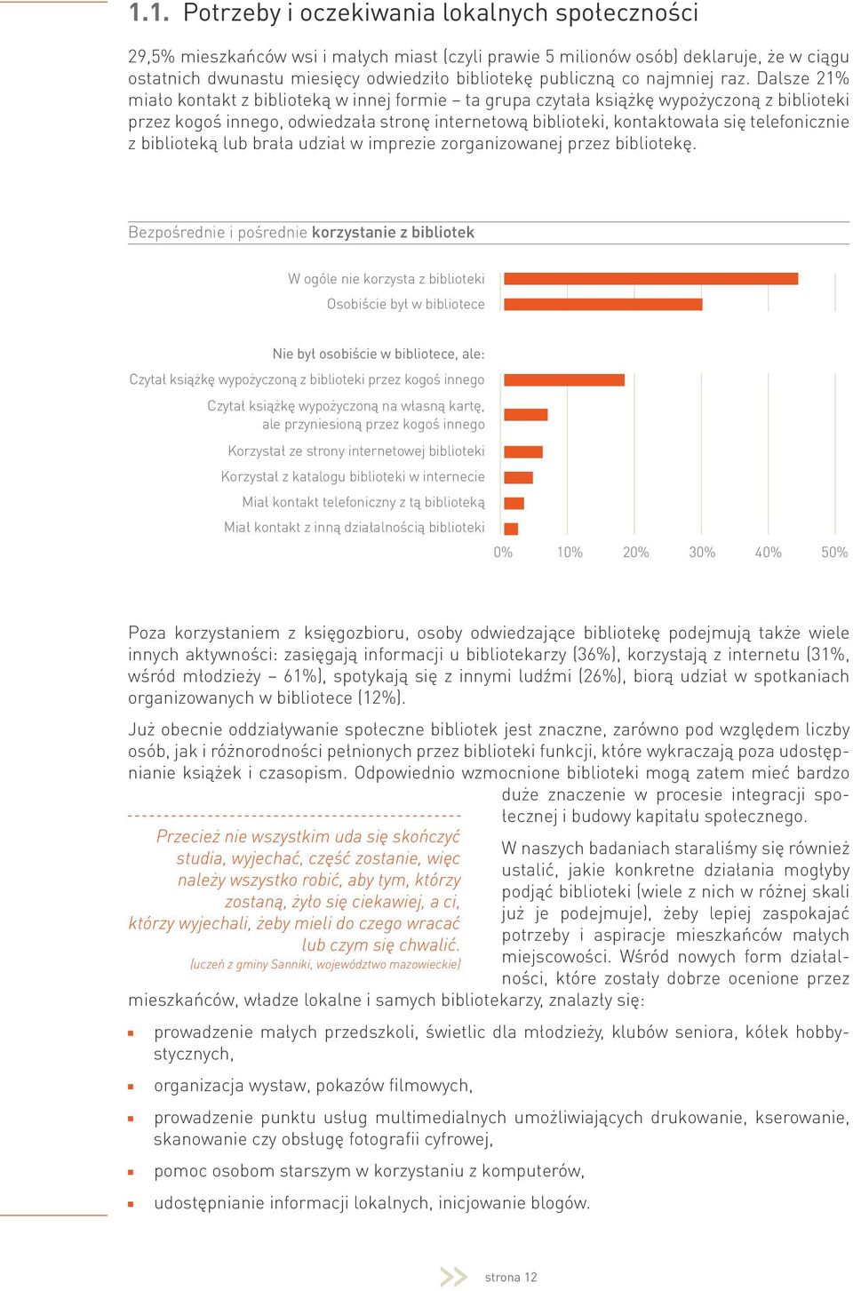 Dalsze 21% miało kontakt z biblioteką w innej formie ta grupa czytała książkę wypożyczoną z biblioteki przez kogoś innego, odwiedzała stronę internetową biblioteki, kontaktowała się telefonicznie z