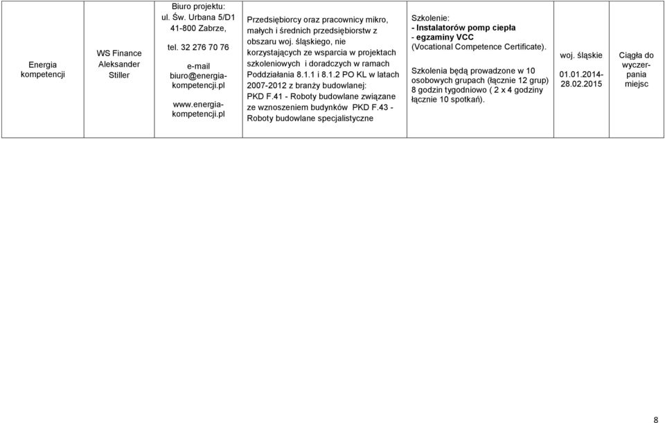 1.1 i 8.1.2 PO KL w latach 2007-2012 z branży budowlanej: PKD F.41 - Roboty budowlane związane ze wznoszeniem budynków PKD F.