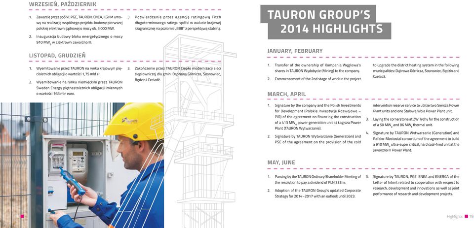 Potwierdzenie przez agencję ratingową Fitch długoterminowego ratingu spółki w walucie krajowej i zagranicznej na poziomie BBB z perspektywą stabilną. TAURON GROUP S HIGHLIGHTS JANUARY, FEBRUARY 1.