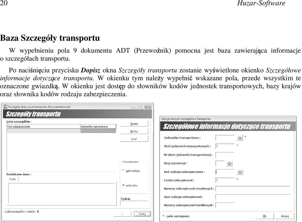 Po naciśnięciu przycisku Dopisz okna Szczegóły transportu zostanie wyświetlone okienko Szczegółowe informacje dotyczące