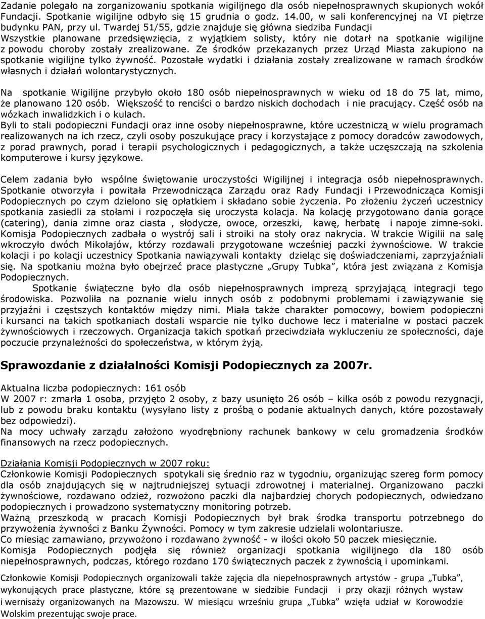 Twardej 51/55, gdzie znajduje się główna siedziba Fundacji Wszystkie planowane przedsięwzięcia, z wyjątkiem solisty, który nie dotarł na spotkanie wigilijne z powodu choroby zostały zrealizowane.