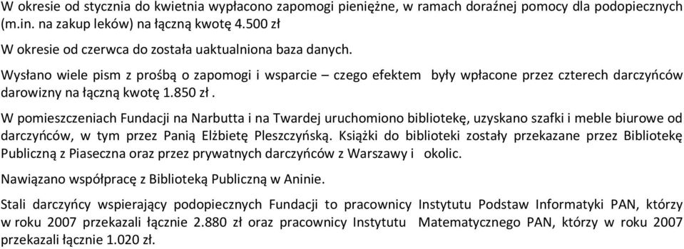 850 zł. W pomieszczeniach Fundacji na Narbutta i na Twardej uruchomiono bibliotekę, uzyskano szafki i meble biurowe od darczyńców, w tym przez Panią Elżbietę Pleszczyńską.