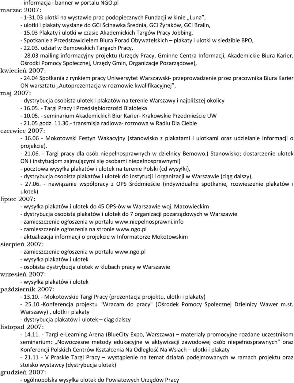 03 Plakaty i ulotki w czasie Akademickich Targów Pracy Jobbing, - Spotkanie z Przedstawicielem Biura Porad Obywatelskich plakaty i ulotki w siedzibie BPO, - 22.03. udział w Bemowskich Targach Pracy, - 28.