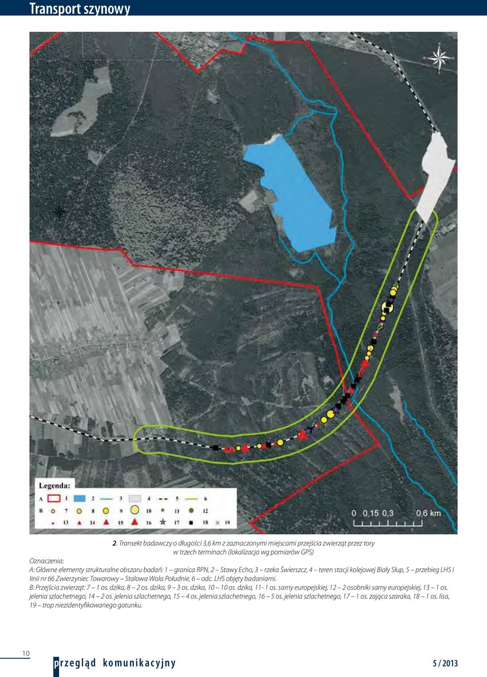 1 granica RPN, 2 Stawy Echo, 3 rzeka Świerszcz, 4 teren stacji kolejowej Biały Słup, 5 przebieg LHS i linii nr 66 Zwierzyniec Towarowy Stalowa Wola Południe, 6 odc. LHS objęty badaniami.