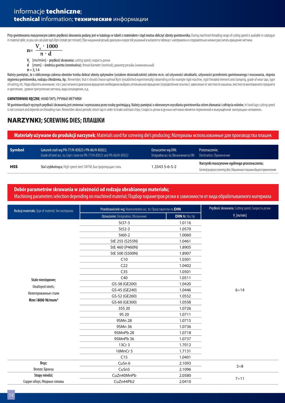 рассчитать вращение метчика n= 1000 π d - prędkość skrawania; cutting speed; скорость резки d [mm] - średnica gwintu (nominalna); thread diameter (nominal); диаметр резьбы (номинальный) π = 3,14