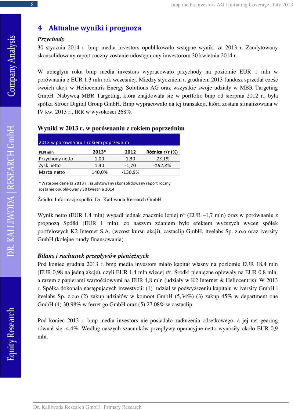 W ubiegłym roku bmp media investors wypracowało przychody na poziomie EUR 1 mln w porównaniu z EUR 1,3 mln rok wcześniej.