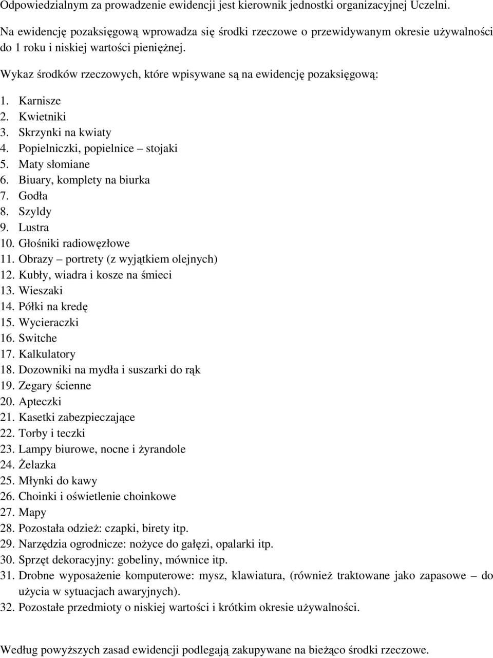 Wykaz środków rzeczowych, które wpisywane są na ewidencję pozaksięgową: 1. Karnisze 2. Kwietniki 3. Skrzynki na kwiaty 4. Popielniczki, popielnice stojaki 5. Maty słomiane 6.