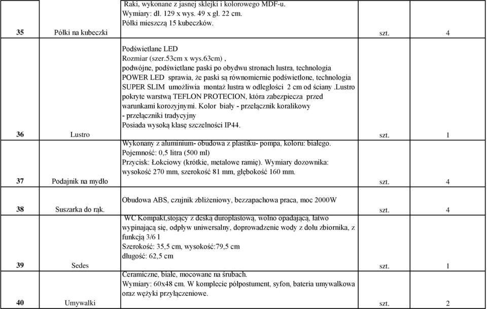 63cm), podwójne, podświetlane paski po obydwu stronach lustra, technologia POWER LED sprawia, że paski są równomiernie podświetlone, technologia SUPER SLIM umożliwia montaż lustra w odległości 2 cm