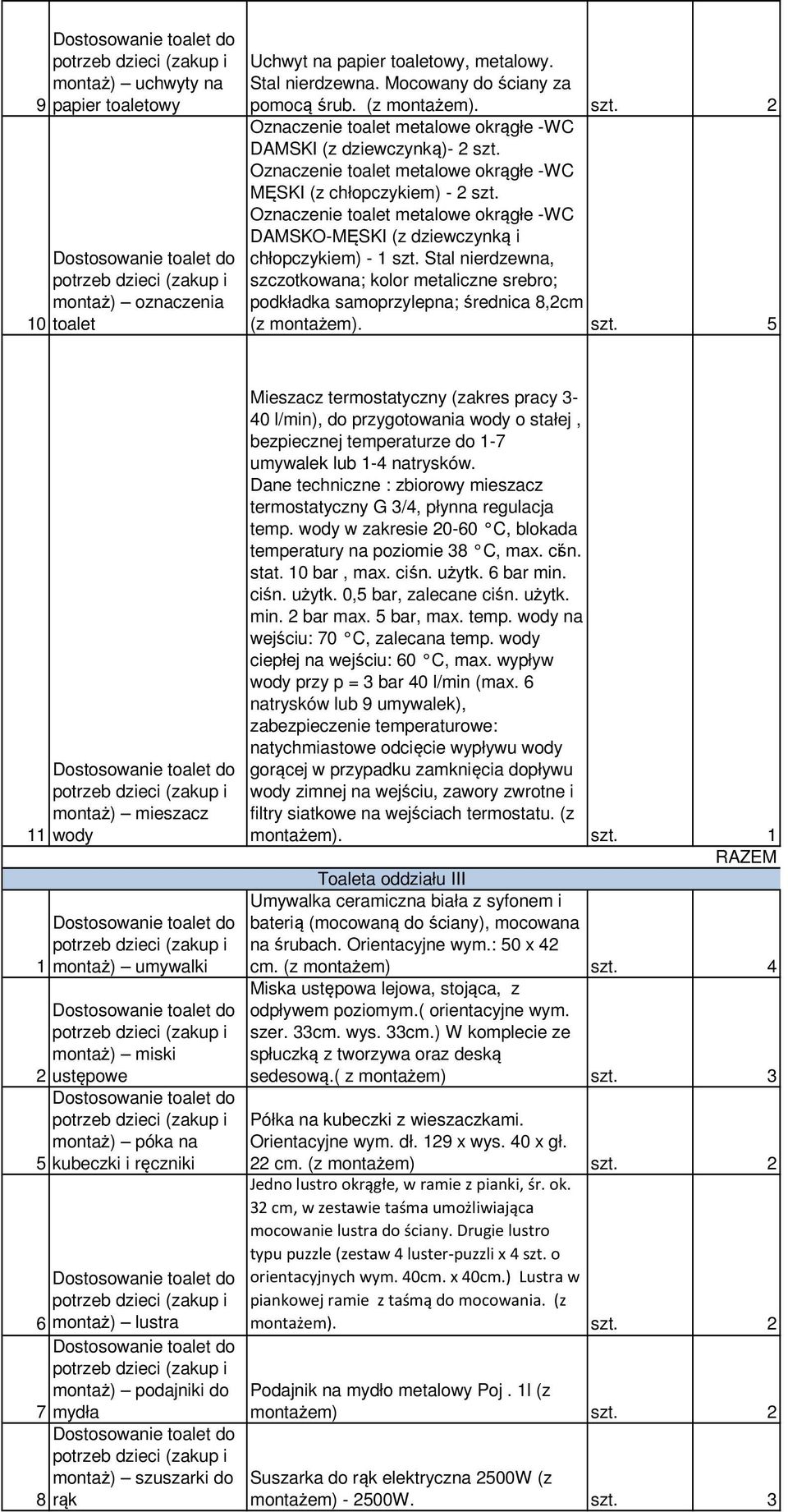 6 bar min. min. 2 bar max. 5 bar, max. temp. na wejściu: 70 C, zalecana temp. przy p = 3 bar 40 l/min (max. 6 montażem). szt. Toaleta oddziału III na śrubach. Orientacyjne wym.: 50 x 42 cm.