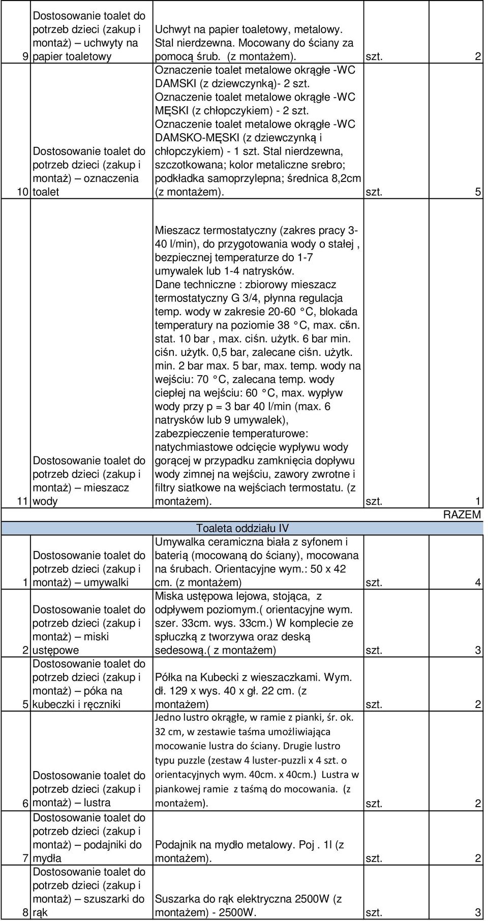 6 bar min. min. 2 bar max. 5 bar, max. temp. na wejściu: 70 C, zalecana temp. przy p = 3 bar 40 l/min (max. 6 montażem). szt. Toaleta oddziału IV na śrubach. Orientacyjne wym.: 50 x 42 cm.