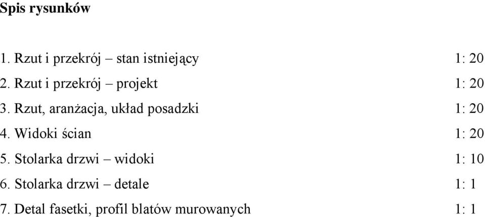 Rzut, aranżacja, układ posadzki 1: 20 4. Widoki ścian 1: 20 5.