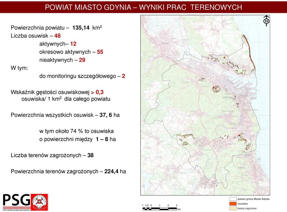 osuwiskowej > 0,3 osuwiska/ 1 km 2 dla całego powiatu Powierzchnia wszystkich osuwisk 37, 6 ha w tym około