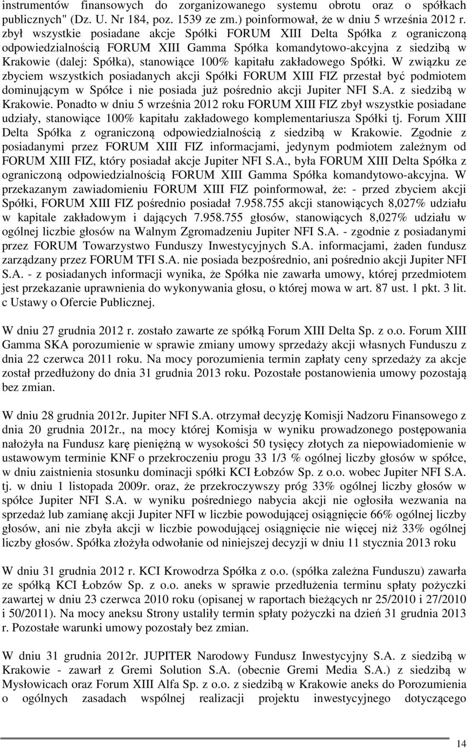 kapitału zakładowego Spółki. W związku ze zbyciem wszystkich posiadanych akcji Spółki FORUM XIII FIZ przestał być podmiotem dominującym w Spółce i nie posiada już pośrednio akcji Jupiter NFI S.A.