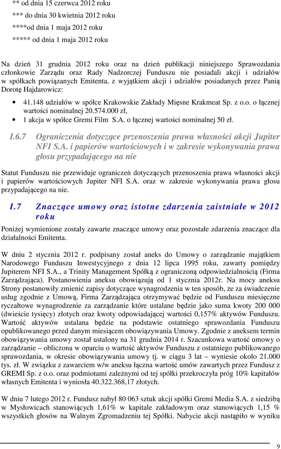 41.148 udziałów w spółce Krakowskie Zakłady Mięsne Krakmeat Sp. z o.o. o łącznej wartości nominalnej 20.574.000 zł, 1 akcja w spółce Gremi Film S.A. o łącznej wartości nominalnej 50 zł. I.6.