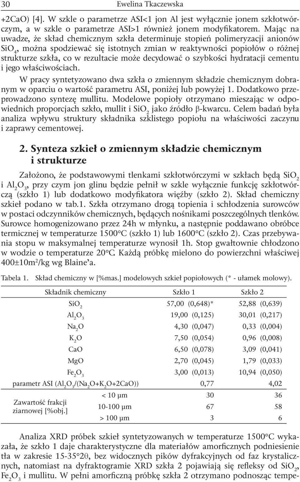 może decydować o szybkości hydratacji cementu i jego właściwościach. W pracy syntetyzowano dwa szkła o zmiennym składzie chemicznym dobranym w oparciu o wartość parametru ASI, poniżej lub powyżej 1.