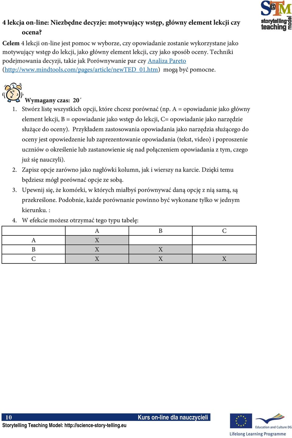 Techniki podejmowania decyzji, takie jak Porównywanie par czy Analiza Pareto (http://www.mindtools.com/pages/article/newted_01.htm) mogą być pomocne. Wymagany czas: 20 1.